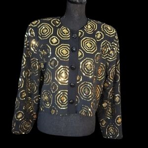 Vintage Black Gold Sequin Geometric Swirl Button Front Cropped Jacket Size 12